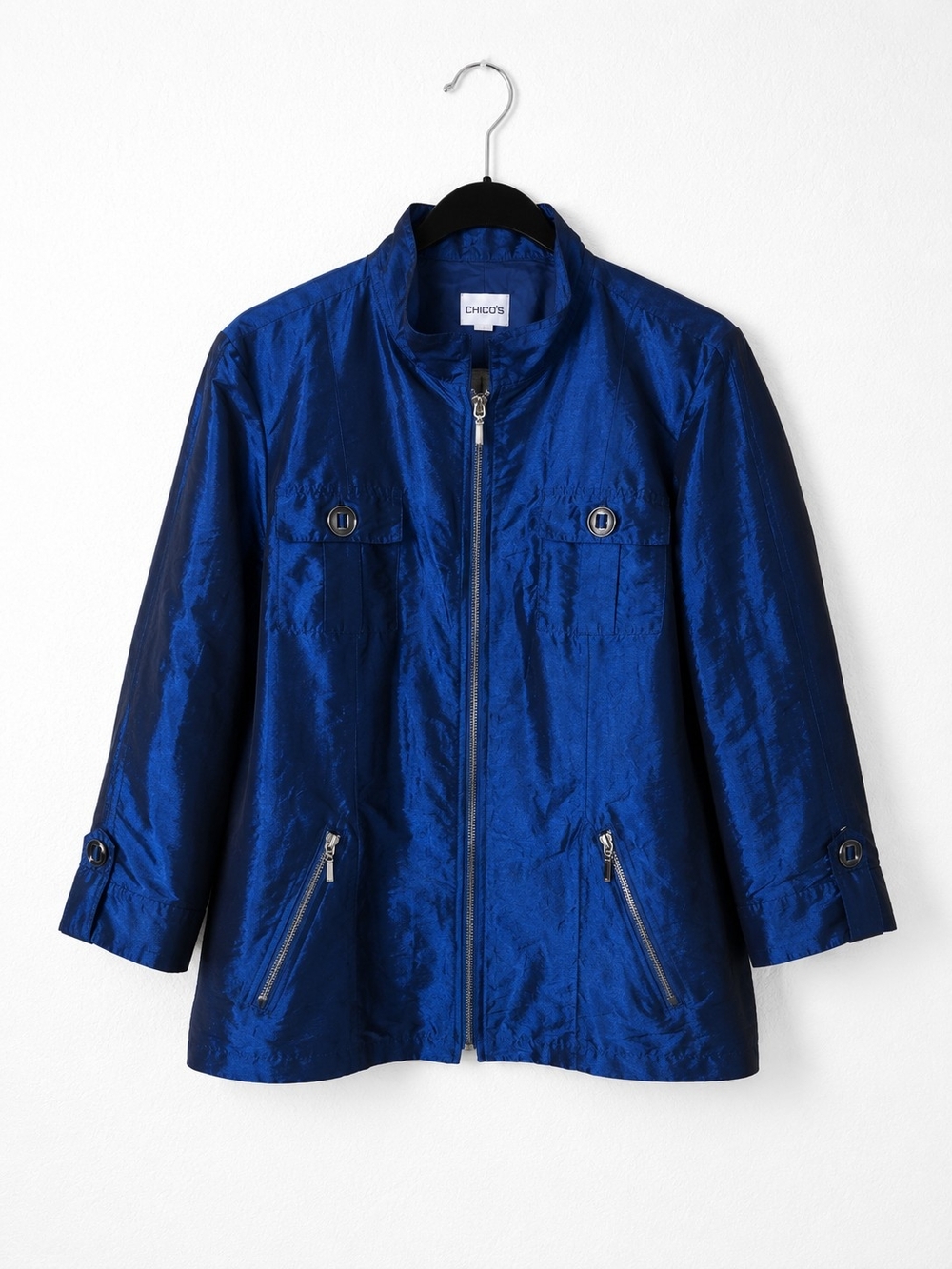 Chico's Blue Shimmer Jacket Size 2 Large Metallic Zip Evening Blazer Jacket